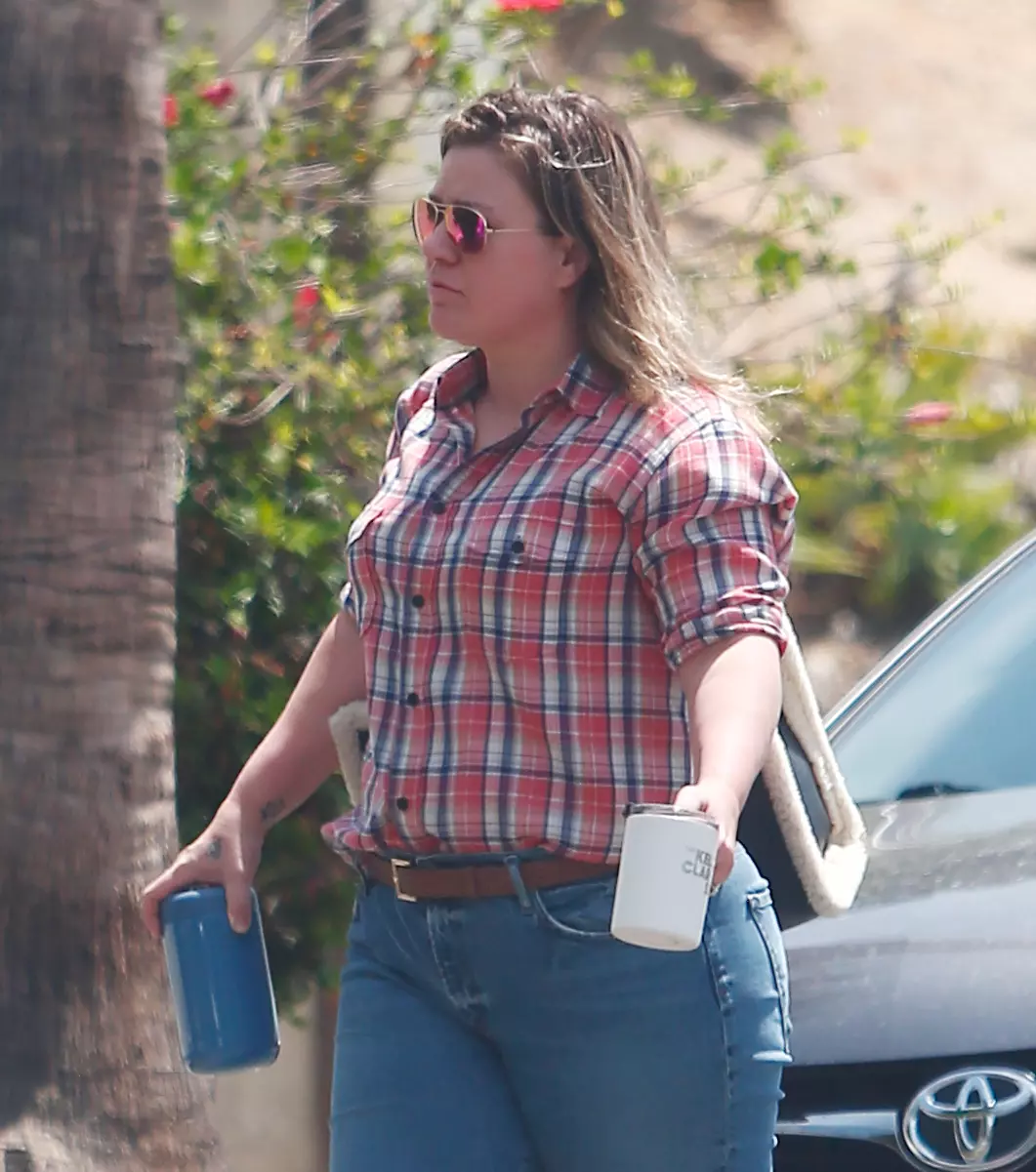 A stony faced Kelly Clarkson puts her divorce and custody drama aside as she heads to an afternoon meeting holding a coffee mug which carried the logo of her popular TV talk show.