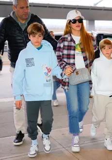Shakira and her sons Sasha and Milan Pique Mebarak seen departing via JFK Airport in New York