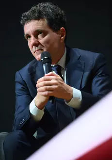 Nicusor Dan attends an online debate in Bucharest