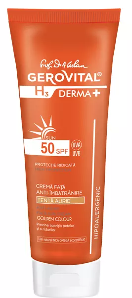 Cremă față anti-îmbătrânire SPF 50, tentă aurie, Gerovital, 40,91 lei