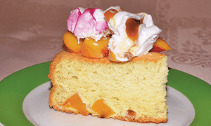 Prajitura cu piersici, cocos si inghetata