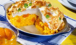 Budincă de tăiţei cu compot de caise