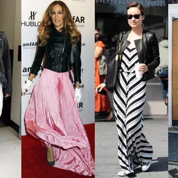 Rochie maxi plus geacă de piele, combinaţia trendy a primăverii