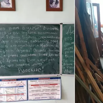 Ce mesaj au lăsat soldații ruși pe tablă după ce au distrus și jefuit o școală: „Copii, ne pare rău pentru asemenea mizerie”