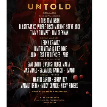 Louis Tomlinson și Tom Grennan vin pentru prima dată la Festivalul Untold! Zerb, Milky Chance, Steve Aoki, Nicky Romero, Blasterjaxx, Jax Jones, Salvatore Ganacci, Mahmut Orhan și Tujamo fac parte din lineup-ul Untold 2024