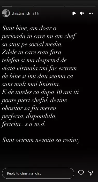 De a lipsit Cristina Ich o perioadă din mediul online