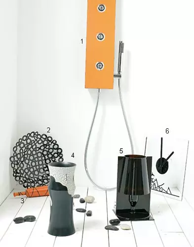 1. Coloana cu hidromasaj Rei, 1.400 euro+TVA, Jacuzzi prin Hidrotek International; 2. Tava Alessi, 149 euro+TVA, Inside by Innova; 3. Vaza din ceramica, 27 lei, Caesar; 4. Vaza din lemn, 75 lei, Exotique; 5. Lampa Take, 85 euro, Kartell; 6. Ceas Dropped, din sticla, 35×35 cm, 99,90 lei, Mobexpert