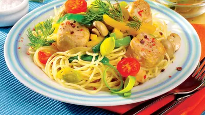 Spaghete cu pui şi ciuperci