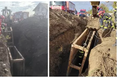 Doi muncitori îngropați de vii la 5 metri sub pământ, într-o localitate din Prahova, după surparea unui mal. Pompierii militari intervin de urgență