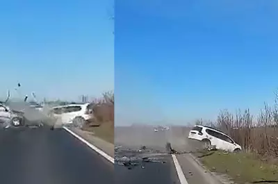 Accident mortal pe DN6, în Giurgiu! Momentul impactului dintre cele două autoturisme. Ce s-a văzut pe camera de bord