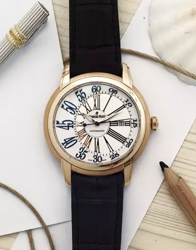 ceas din aur roz cu mecanism automatic manufacturat, Audemars Piguet Millenary, 73.420 lei, magazinul Helvetansa, si ac de cravata din argint placat cu rodiu si aur de 18 kt, colectia Meisterstuk, 798 lei, reteaua magazinelor Cellini.