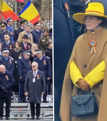 În mijlocul unei "mări" de paltoane negre, la parada de 1 Decembrie, o doamnă cu capă și pălărie galbenă a atras atenția tuturor. Cine e misterioasa femeie care a stat în "prima linie" și a dat mâna cu Traian Băsescu
