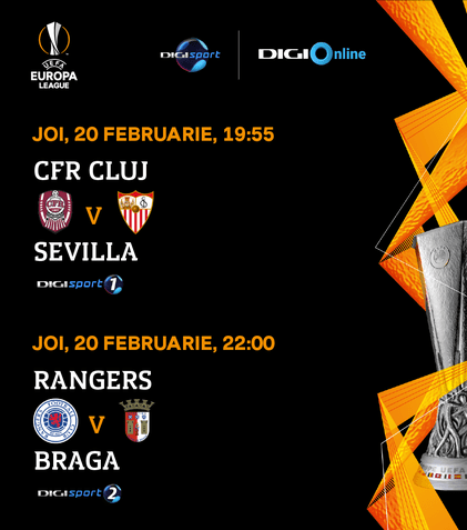Digi Sport 1 transmite în direct meciul CFR Cluj - FC Sevilla, joi, 20 februarie