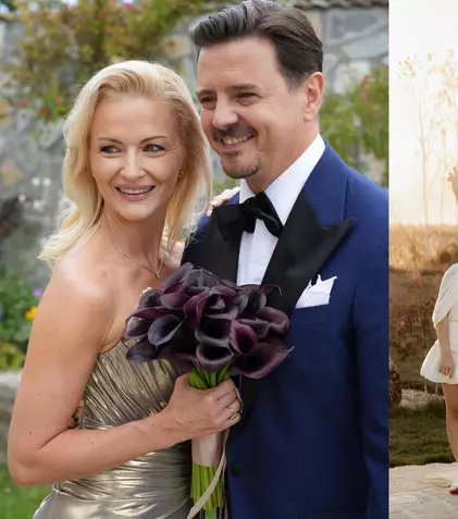 Elwira și Mihai Petre, nași de cununie pentru prima dată. Dansatoarea a ales o rochie foarte îndrăzneață