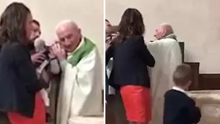 Bebelus palmuit de preot in timpul botezului, deoarece nu se oprea din plans - VIDEO