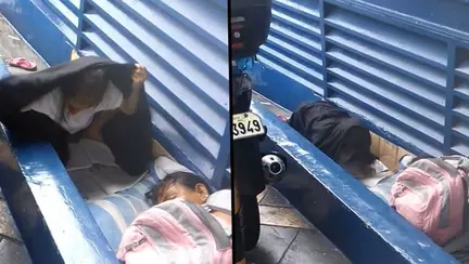 Fetita de 8 ani, nevoita sa-si faca temele pe strada, in ploaie