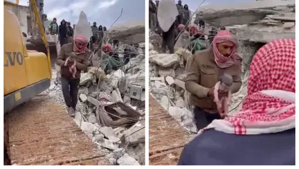 Un bebeluș a supraviețuit în mod miraculos, după ce mama lui l-a născut sub dărâmături, în Siria / Video