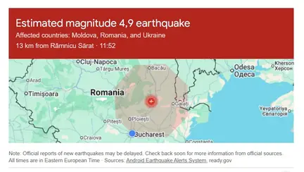 Cutremur de magnitudine estimată 4,9 în România, luni, 19 octombrie 2026. Seismul, semnalat în apropiere de Râmnicu Sărat