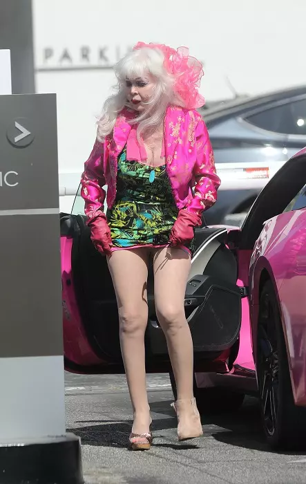 *EXCLUSIVE* Angelyne turns heads in mismatched shoes during colorful spa outing in LA