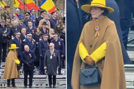 În mijlocul unei "mări" de paltoane negre, la parada de 1 Decembrie, o doamnă cu capă și pălărie galbenă a atras atenția tuturor. Cine e misterioasa femeie care a stat în "prima linie" și a dat mâna cu Traian Băsescu