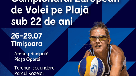 Săptâmâna viitoare debutează la Timișoara Campionatul European de Volei pe plajă U22.Arena principală va fi amenajată în Piața Victoriei, pe platoul din fața Operei. Accesul spectatorilor va fi gratuit