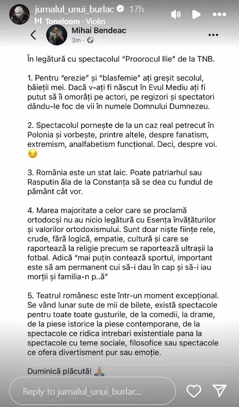 Mihai Bendeac apără spectacolul „Proorocul Ilie” 