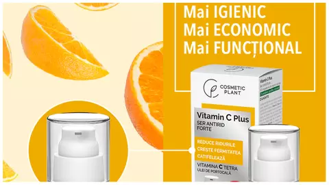 COSMETIC PLANT prezintă: Serul antirid forte Vitamin C Plus disponibil acum în sticlă cu pompiță și la dublu gramaj