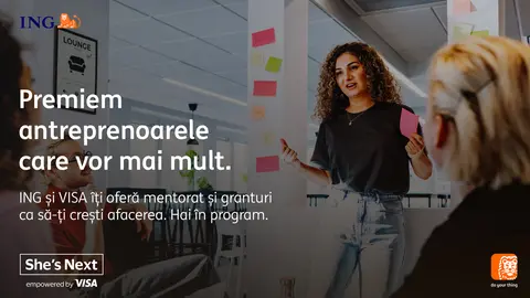 Femeile antreprenor pot câștiga sesiuni de mentorat, coaching și granturi de 10.000 euro în cadrul programului She's Next, lansat de ING Bank și Visa, în parteneriat cu Impact Hub Bucharest
