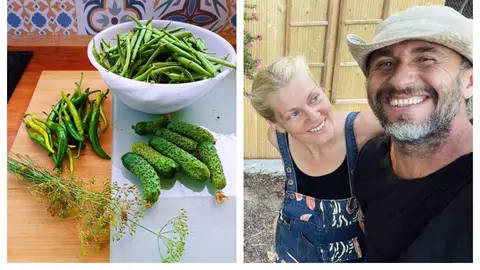 Imagini din grădina cu legume a Danei Nălbaru și a lui Dragoș Bucur. Au roșii, castraveți, vinete, dovlecei și fasole verde
