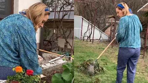 Cum a apărut Elena Lasconi în grădina casei sale din Câmpulung Muscel. E pasionată de flori, a plantat unele colorate, de primăvară