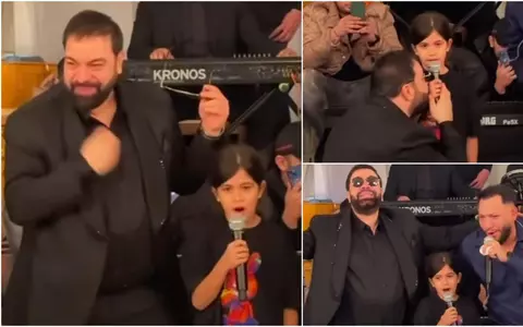 Imagini cu Maria, fiica de 8 ani a lui Florin Salam, cântând manele la o petrecere. Artistul a îngenuncheat și i-a pupat mâna