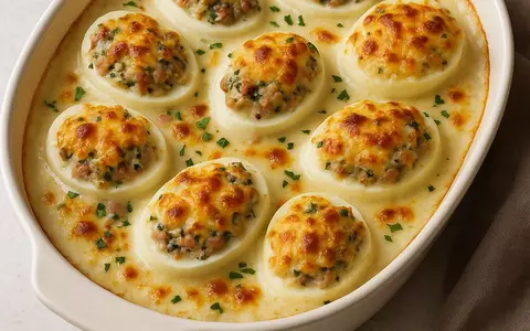 Rețetă de ouă gratinate la cuptor cu sos bechamel, ciuperci și șuncă. Preparatul perfect pentru a folosi ouăle rămase de la Paște