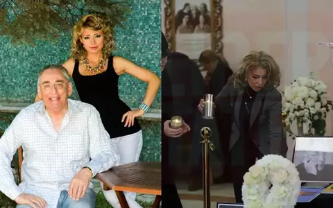 Cum a apărut Alexandra Velniciuc, prietena de suflet a lui Horia Moculescu, la priveghiul lui. A ales o ținută sobră, dar nu complet neagră, și a zâmbit amar la portretul maestrului