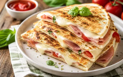 Rețetă de lipie umplută cu șuncă și mozzarella la tigaie. Gustarea crocantă care se face în doar 15 minute