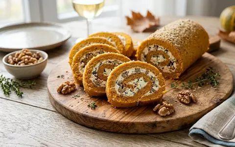 Rețetă de ruladă aperitiv cu dovleac copt, telemea și nuci