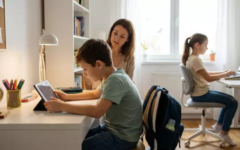 Postura corectă a copilului la birou și la tabletă: 5 exerciții de un minut, pentru pauze, ca să nu ajungă la kinetoterapeut