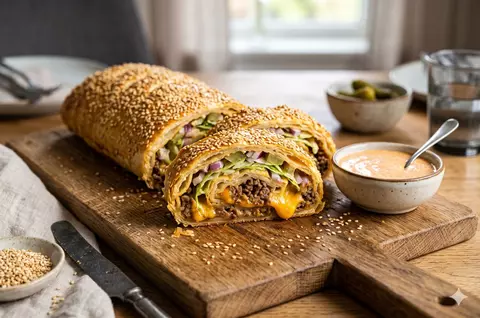 Rețeta „Big Mac Roll”, ruladă cu umplutură de burger cu brânză Cheddar și sos cremos. Preparatul este viral pe TikTok
