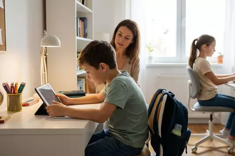 Postura corectă a copilului la birou și la tabletă: 5 exerciții de un minut, pentru pauze, ca să nu ajungă la kinetoterapeut