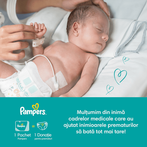 Pampers continuă să fie alături de bebelușii născuți prematur prin donația de scutece Pampers special concepute pentru aceștia și le mulțumește cadrelor medicale care au făcut posibil ca inimile prematurilor să bată tot mai tare