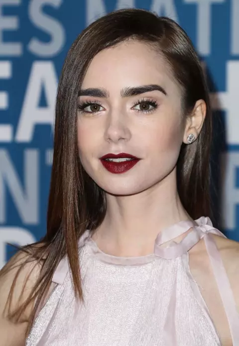 Get the look Lily Collins - red hot burgundy lips