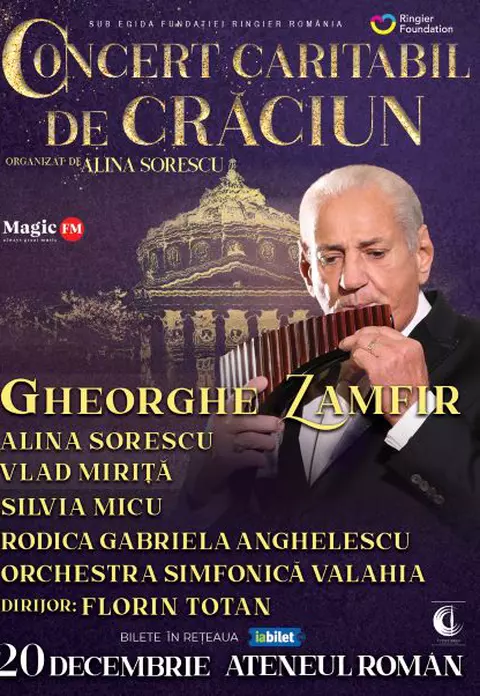 Concert caritabil de Crăciun cu Gheorghe Zamfir și Alina Sorescu, pe 20 decembrie, la Ateneul Român