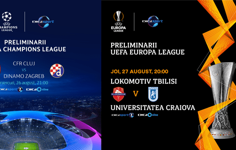 Digi Sport transmite în direct meciurile CFR Cluj - Dinamo Zagreb și Lokomotivi Tibilisi - Universitatea Craiova din preliminariile UEFA Champions League, respectiv UEFA Europa League