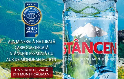 (P) Apa minerală naturală carbogazificată Stânceni premiată cu aur de Monde Selection