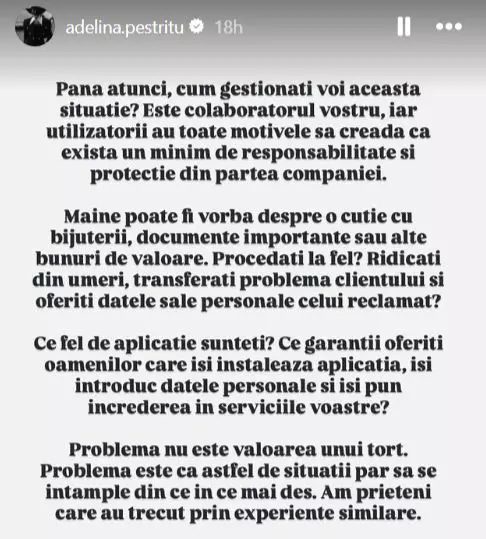 Adelina Pestrițu, problemă cu o firmă de ride sharing