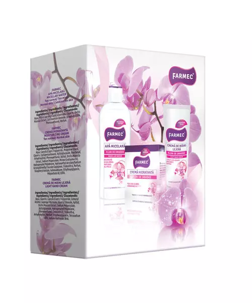 Set cadou Farmec, 27,09 lei (conține apă micelară, cremă hidratantă și cremă de mâini)
