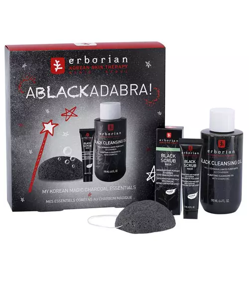 Set pentru îngrijirea tenului Ablackadabra, Erborian, 189 lei, exclusiv în magazinele Sephora (conține Black Cleansing Oil 190 ml - ulei de curățare pentru ten; Black Scrub 15 ml -  mască exfoliantă pentru față; burete Konjac de curățare a feței)