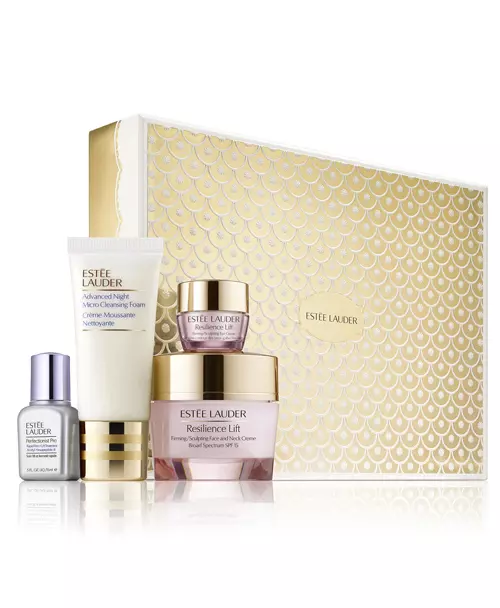 Set pentru îngrijirea tenului Lifting Firming Essential Set, Estee Lauder, 502 lei (conține Resilience Lift Firming/Sculpting Face And Neck Crème Normal/Combination SPF 15 50 ml; Resilience Lift Eye Cream 5 ml; Perfectionist Pro Lift 15 ml; Advanced Night Micro Cleansing Foam 30 ml)