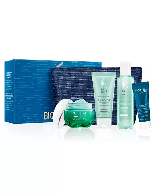 Set pentru îngrijirea tenului Aquasource Gel, Biotherm, 196 lei (conține Aquasource Gel 50 ml; Aquasource Night Bath 20 ml; Biosource Cleanser 50 ml; Biosource Lotion 100 ml și Pouch Christmas 2018)