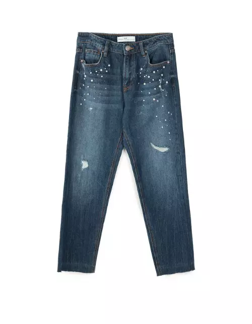 Blugi mom fit cu perle, 69.90 lei, Stradivarius