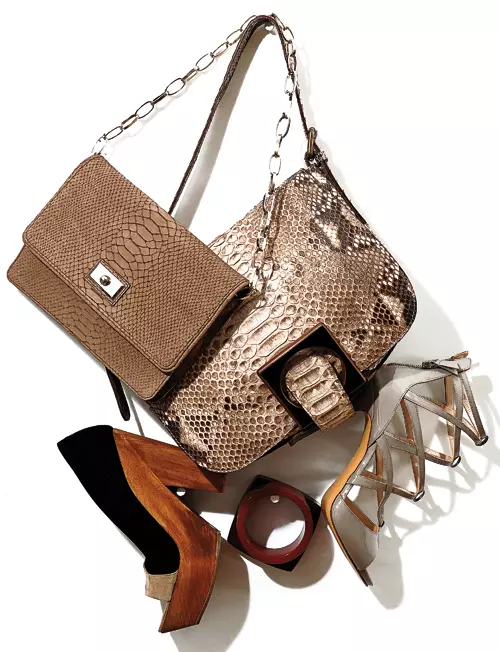 Geanta din piele de piton, Gerard Darel, 5.603 lei ; Geanta din piele, Coccinelle, 860 lei ; Bratara din lemn, Furla, 272 lei ; Sandale din piele lacuita, Casadei, 2.700 lei, magazinul Distinto ; Pantofi din piele intoarsa cu platforma din lemn, Viktor&Rolf, 2.399 lei, magazinul Victoria 46 ; Bratari din rasina, Max Mara, 580 lei setul